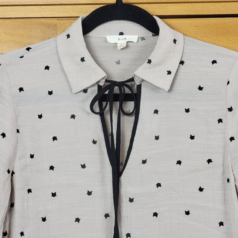 E Hanger M Black and Tan Tie Neck Blouse With All Over Black Kitty Cat Print - S